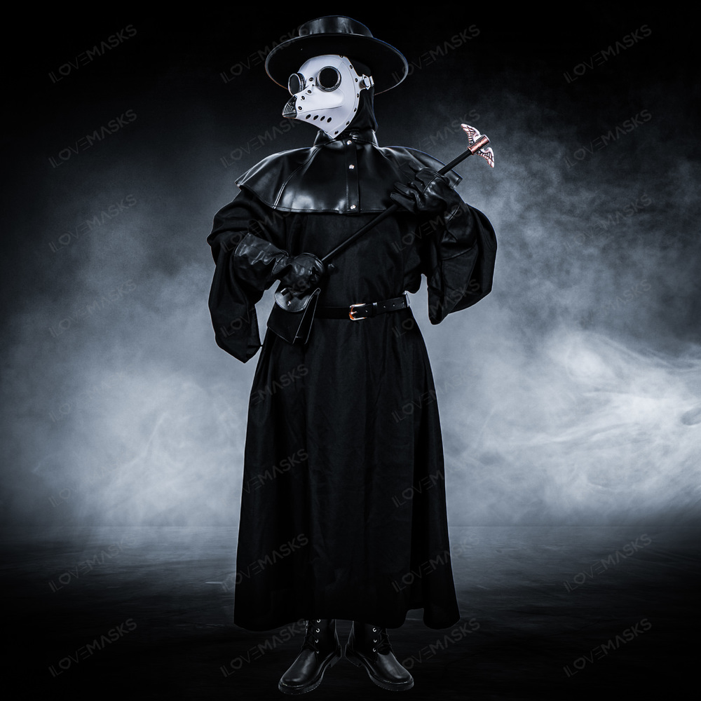 Plague Doctor with Bird Beak Mask & Flat Hat Full Costume Set - White Silver